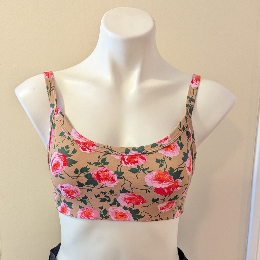 Aerie Offline tan with bright pink rose print unlined lounge bra size S